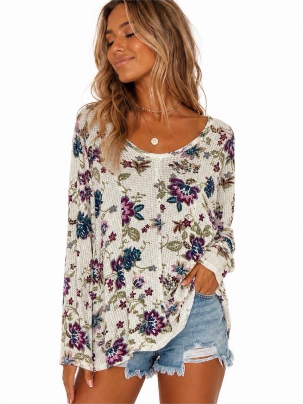 🌸 SEVEN7 Floral Waffle Knit Sharkbite Tunic Top – M/M